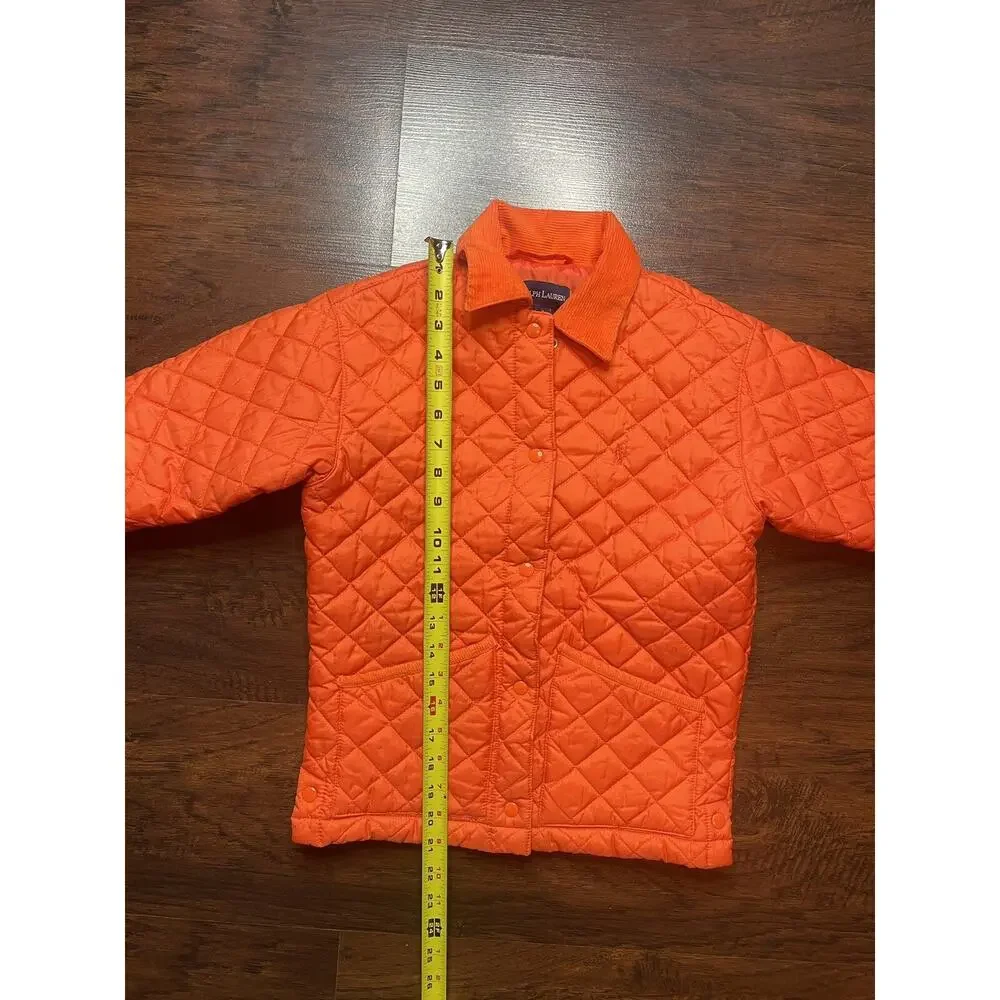 Kids Ralph Lauren Jacket Quiled Size S Winter Coat Corduroy Collar Orange Puffer